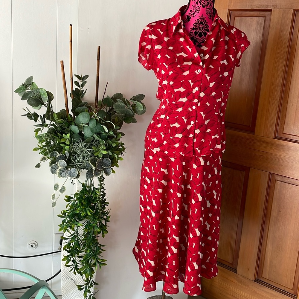 Jones New York Red Midi Dress with White Floral Pattern